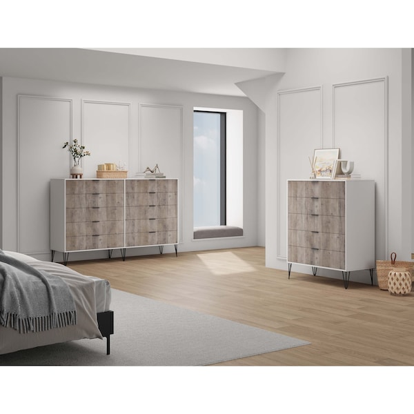 Manhattan Comfort 2-Piece DUMBO 5-Drawer Tall Dresser and DUMBO 10-Drawer Double Tall Dresser in White and Grey 2-DB04-WG - main